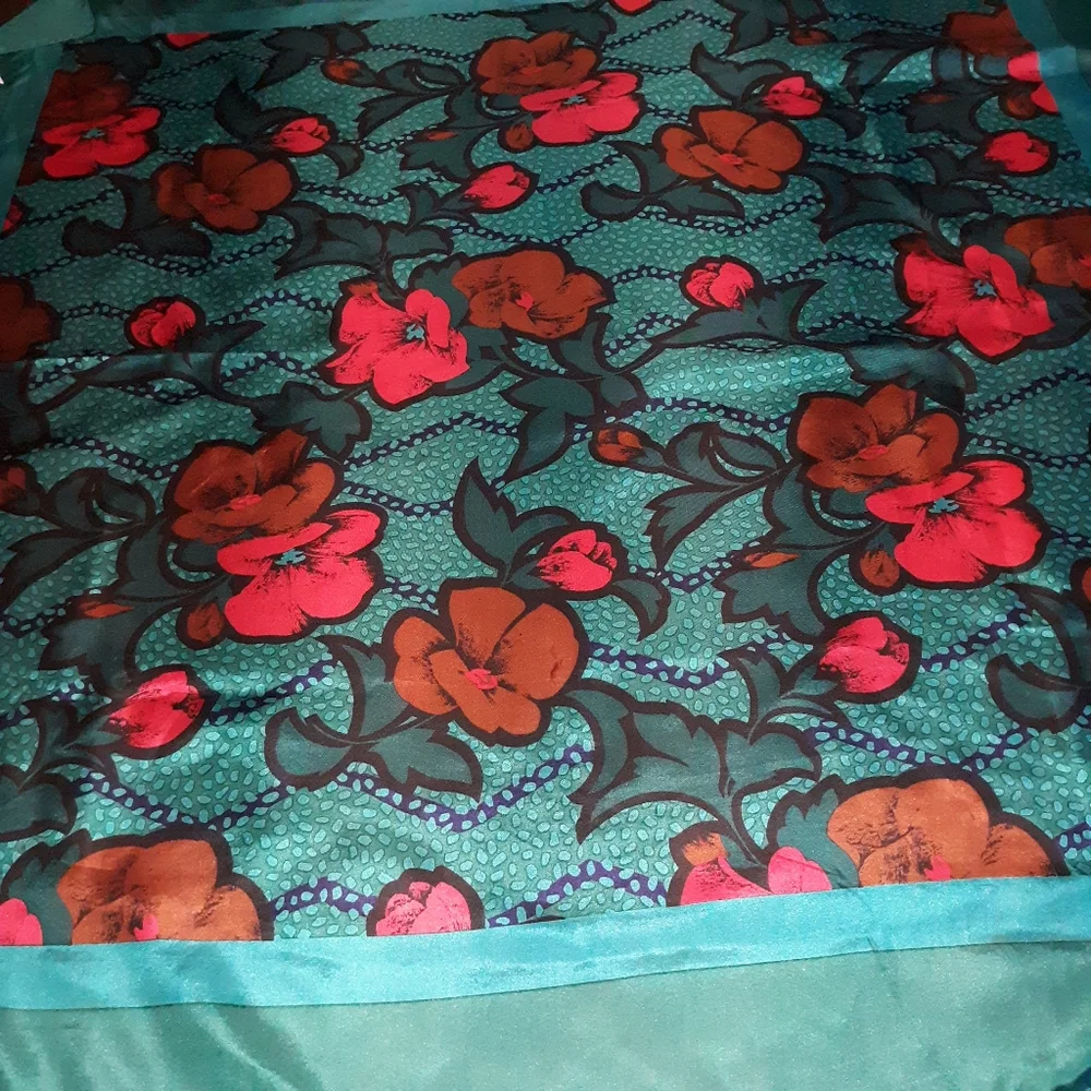 CHRISTIAN DIOR VTG Teal Red Floral Silk Scarf